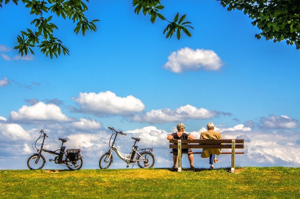 man, woman, bicycle, bike, nature, air, sky, bench, peace, people, couple