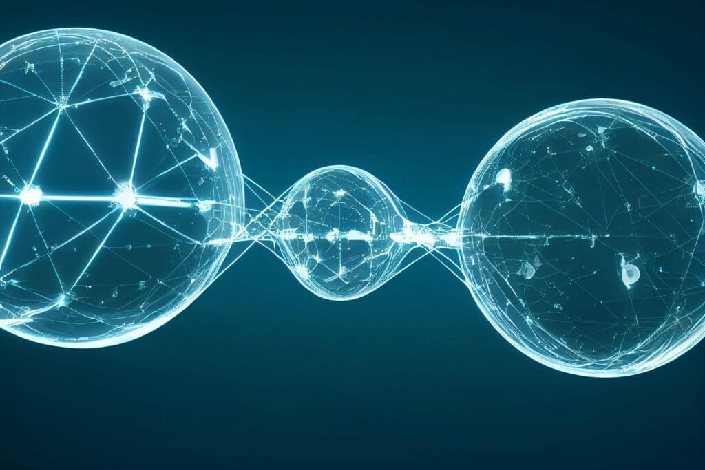 Modern digital spheres interconnected by glowing lines, showcasing a self-connection network concept.