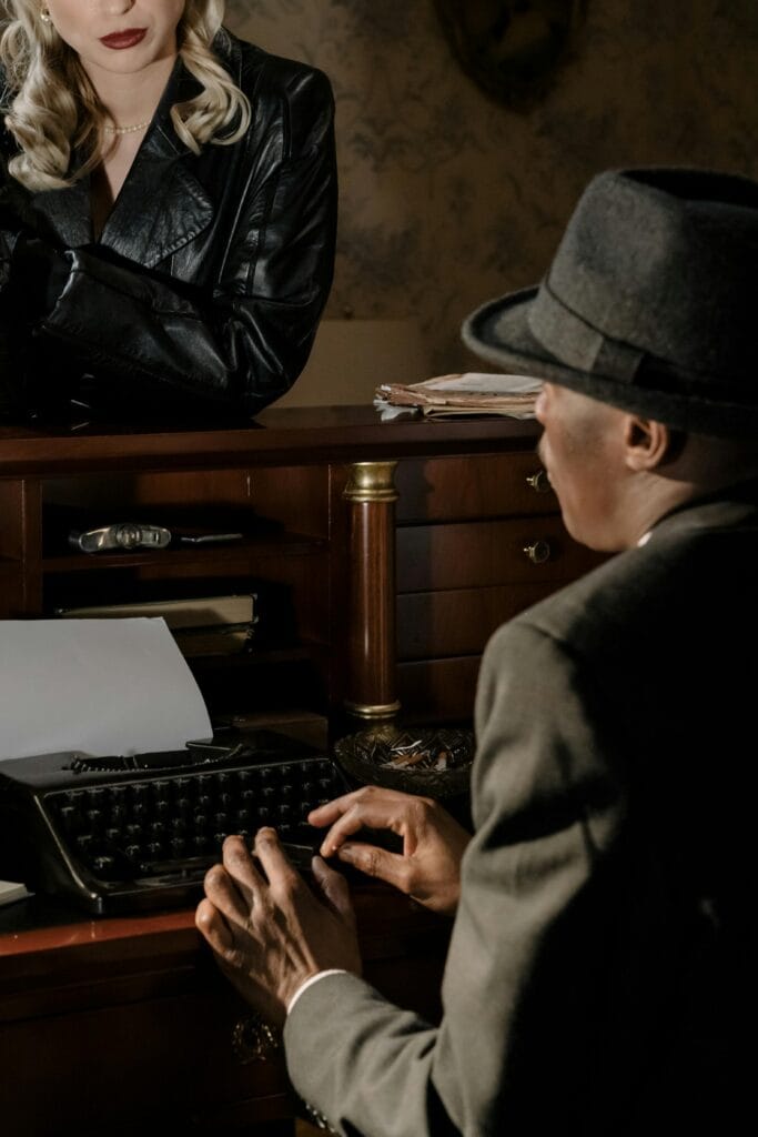 A classic noir scene depicting a detective typing on a vintage typewriter.
