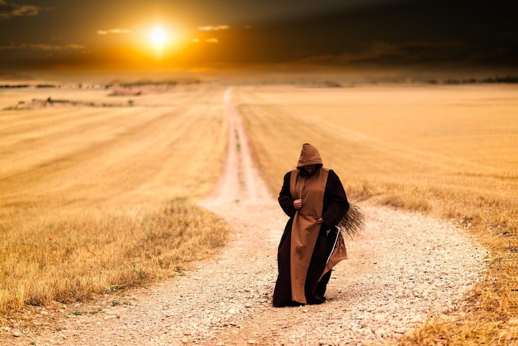 monk, pilgrimage, path,spirituality, sunset, nature, pilgrim, walk, road, enlightenment, tradition, culture, afternoon, field, farm, landscape, rural, countryside, dusk