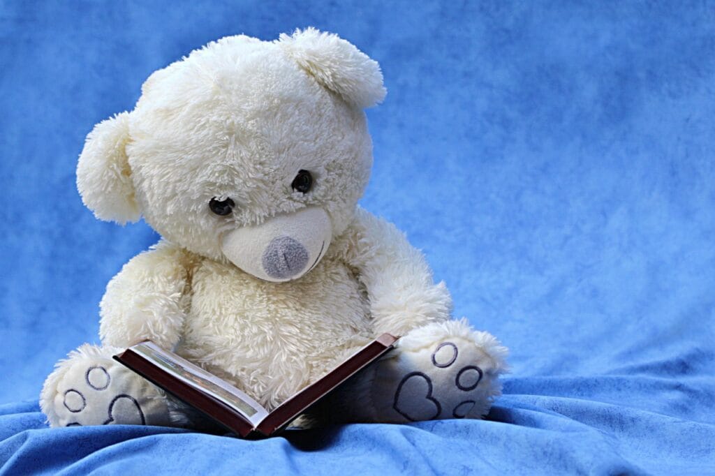 still life, teddy, white, read, a book, living a spiritual life in a material world.