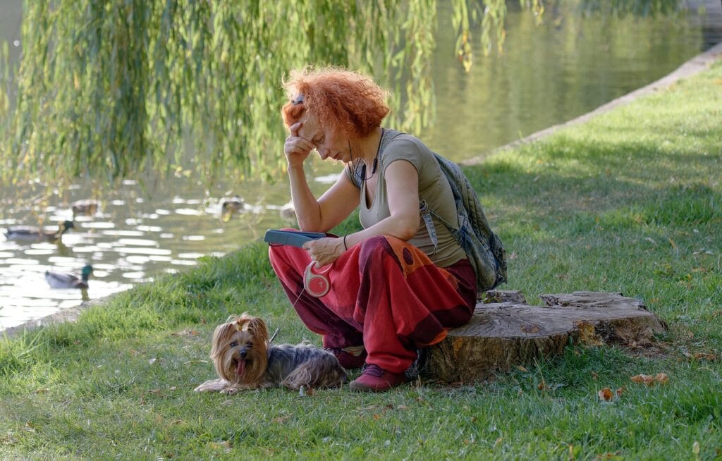 woman, dog, pet, together, animal, outdoor, park, the shore of the lake, dove, but overthinking affects made all sweets tasteless. 