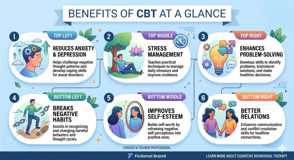 This infographic is symbol of key benefits of cognitive behavioral therapy for anxiety and depression, better sleep and daily life,