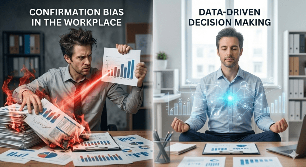 This image shows the impact of cognitive bias and intuitive intelligence in the workplace.