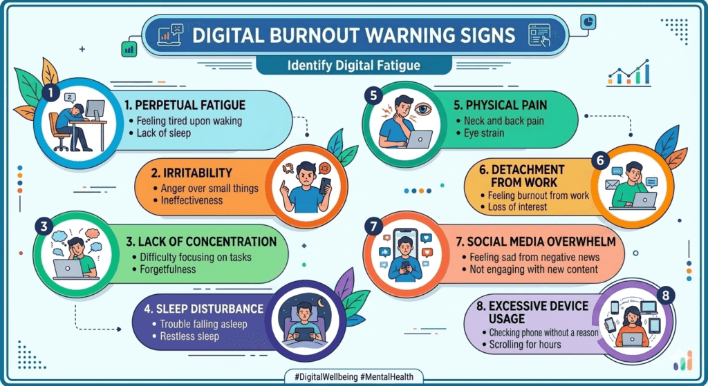 This image shows perfect the physical and emotional digital burnout signs to watch for.