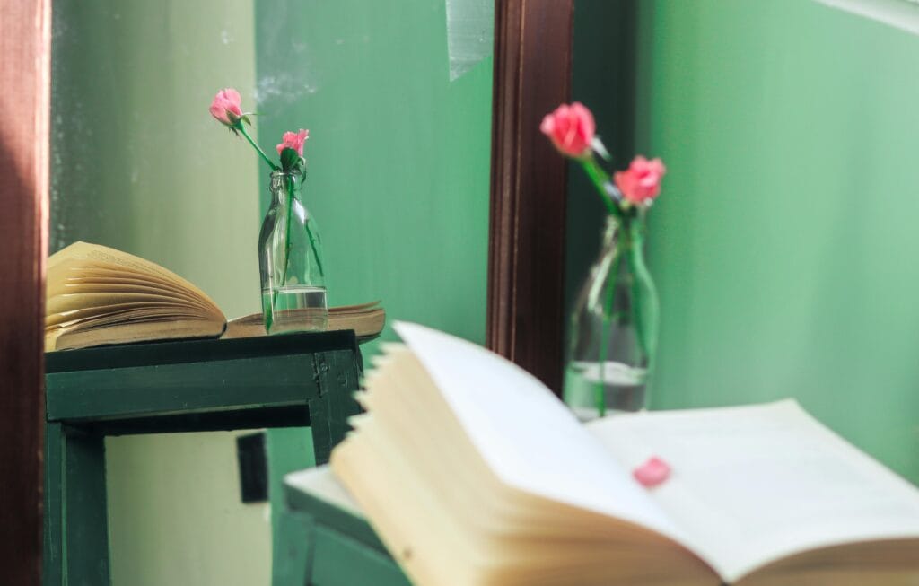 A peaceful reading area with open books and pink flowers representing the inner search vs self reflection.