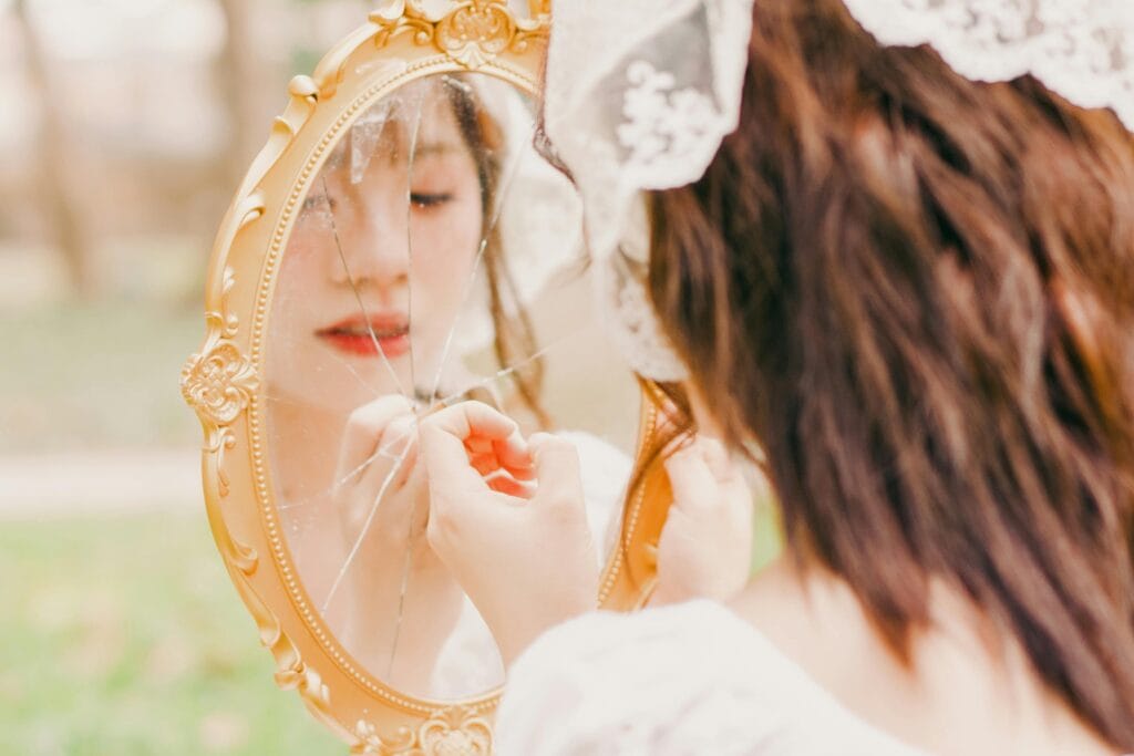 The image is creating a symbolic sense of the inner search vs self reflection.