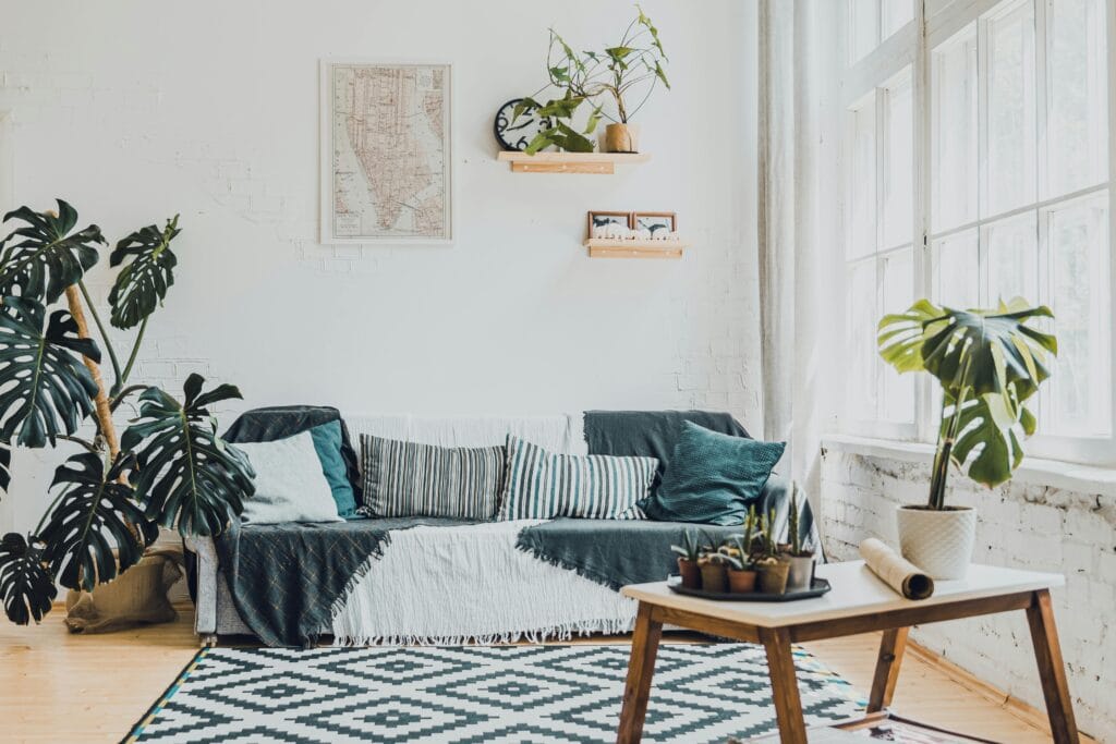 Bright living room with indoor plants for healthier living spaces