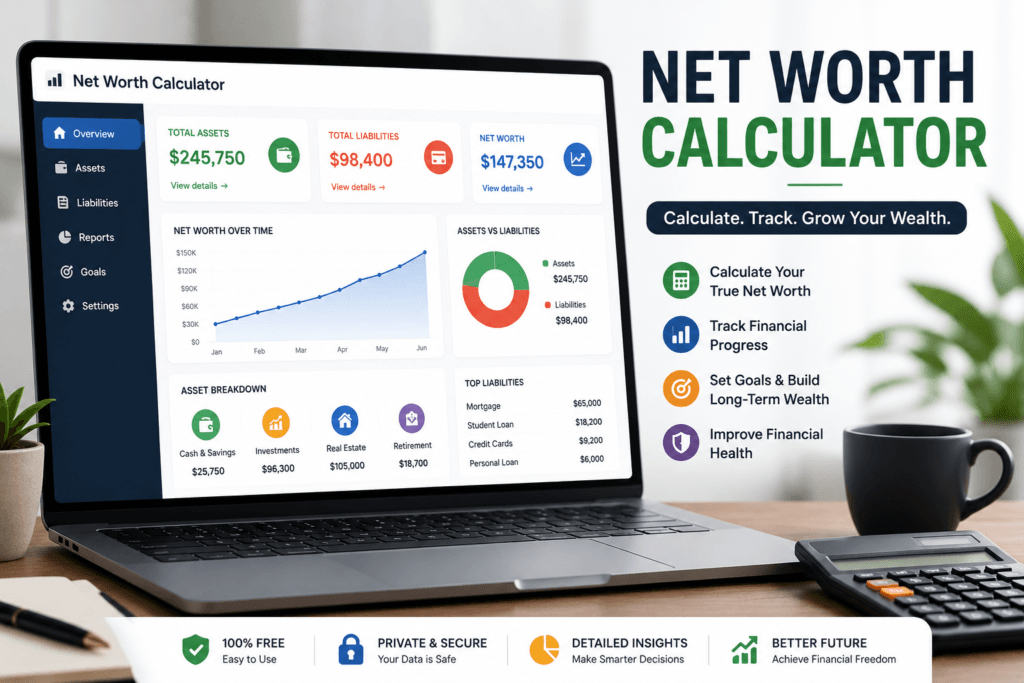 Net Worth Calculator dashboard showing assets liabilities and overall financial health.