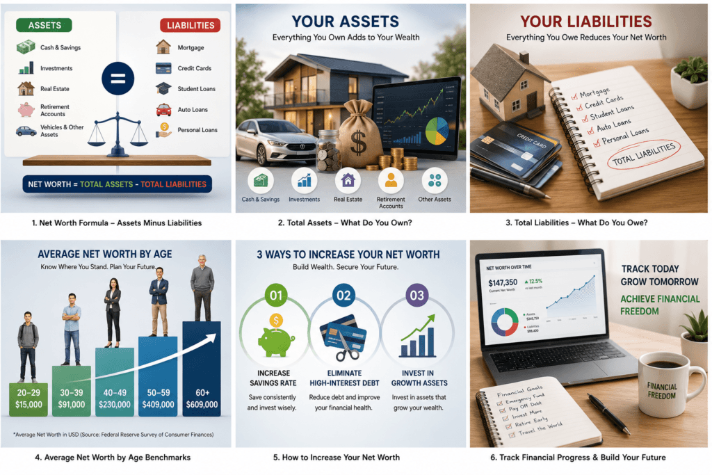 Net Worth Calculator displaying liabilities including loans and credit card balances.