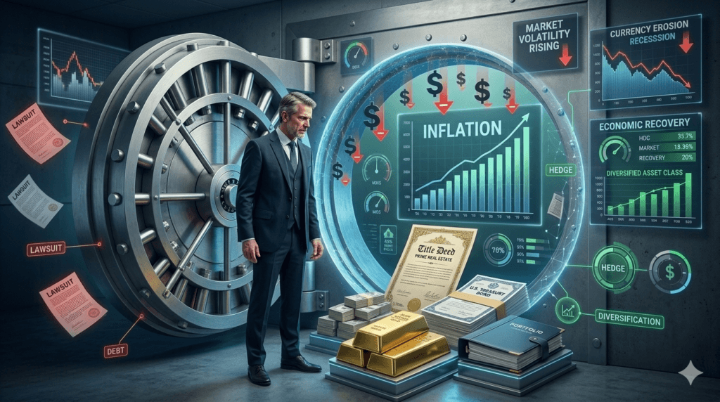 How to Protect Net Wealth during inflation and recession through diversified assets, gold investments, real estate, and wealth preservation strategies.