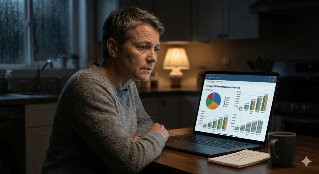 Average Net Wealth by Age retirement benchmark for people in their 50s with 401(k), IRA balances, and retirement planning strategy.