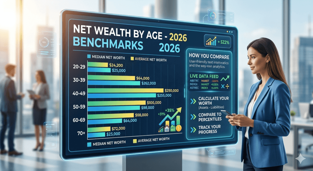 Average Net Wealth by Age in 2026 featuring wealth growth chart, investment portfolio, retirement savings, real estate assets, and financial planning dashboard.