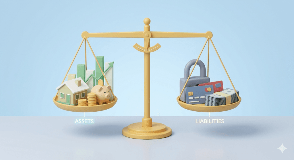 Average Net Wealth by Age calculation showing assets, liabilities, home equity, retirement savings, and total net worth formula.