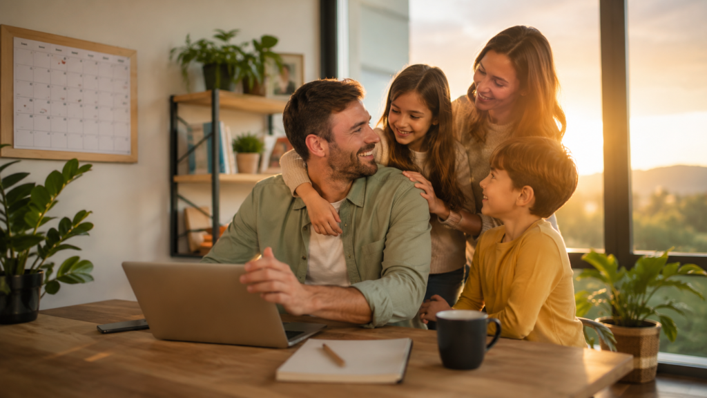 Steps achieving work-life harmony by balancing productive work, family time, and personal wellness in a modern workspace.