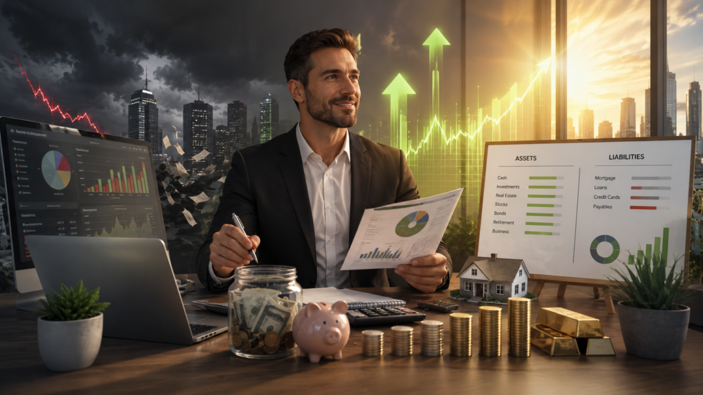 Person reviewing financial statements to understand why net wealth is falling due to inflation, debt, and investment losses.