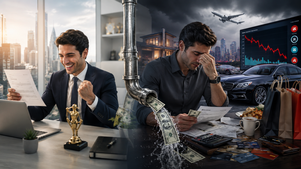 Split-scene showing lifestyle inflation as a hidden reason why net wealth is falling, with salary growth on one side and rising luxury expenses reducing savings on the other.