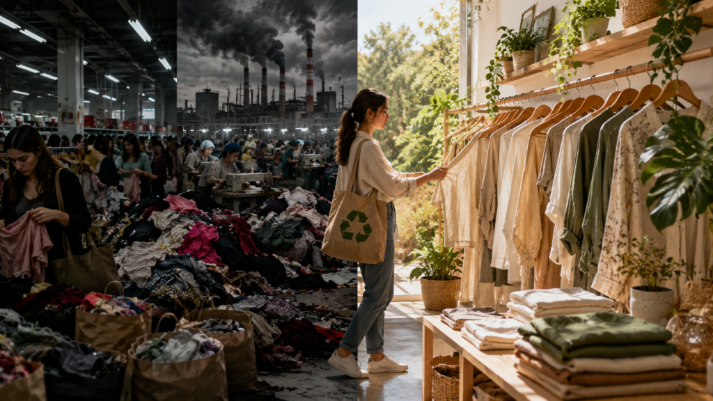 Capsule wardrobe featuring slow fashion clothing made from sustainable materials with mindful shopping and ethical fashion lifestyle.