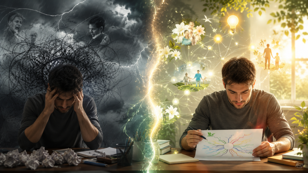 Visual representation of neuroplasticity and subconscious mind reprogramming through mind mapping.