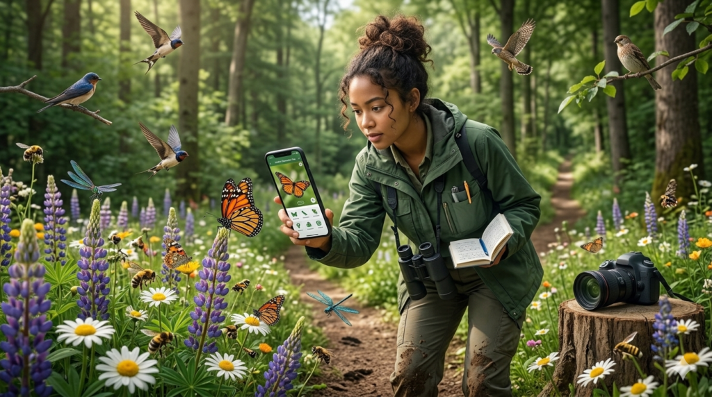 Citizen scientist using a smartphone to record wildlife observations in a biodiverse forest for conservation research.