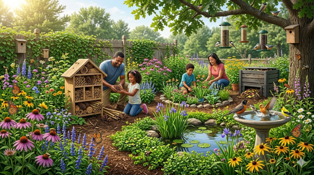Wildlife-friendly backyard with native plants, birdhouses, pollinators, and a rain garden supporting local biodiversity and conservation.