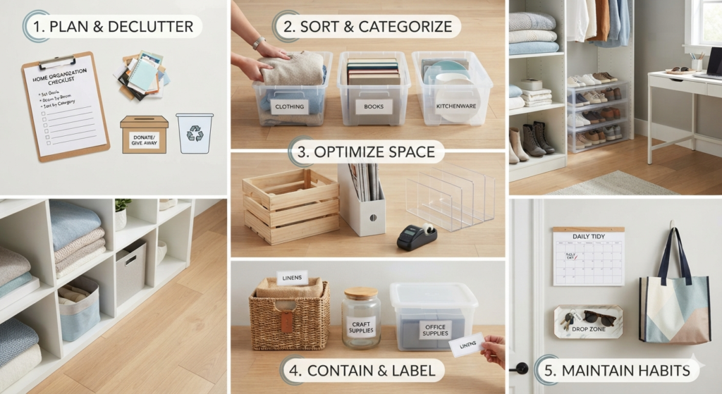 The image shows that steps to organize your home.