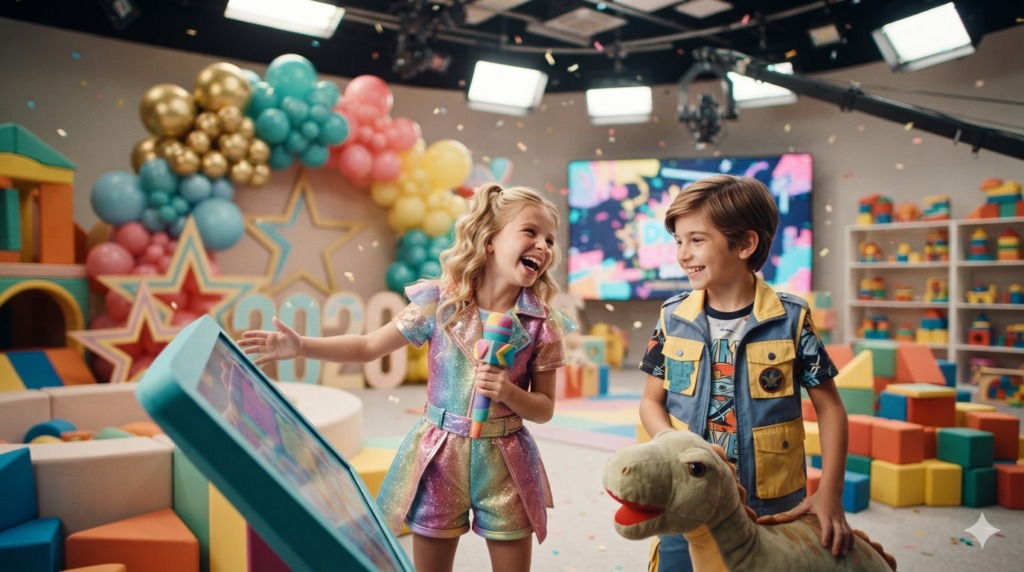 Children enjoying colorful family adventures inspired by the Best Diana Show 2026 Moments with toys and bright studio decorations.