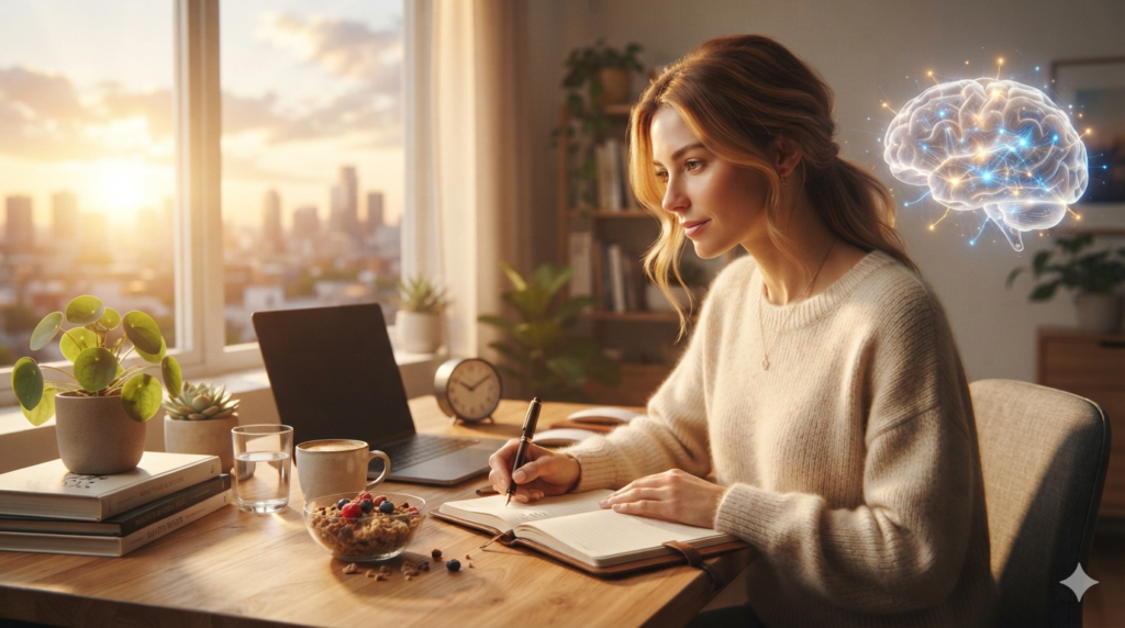 Person practicing healthy morning routines to improve mental clarity with sunlight, journaling, hydration, and a focused workspace.