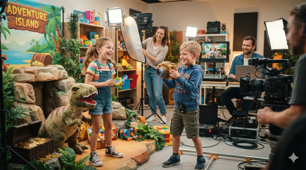 Family-friendly children's content creators filming a colourful adventure video in a modern studio representing the latest updates on Diana Show 2026.
