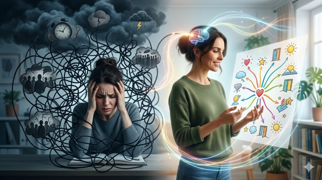 Before-and-after illustration showing how subconscious mind mapping helps overcome mental blocks.