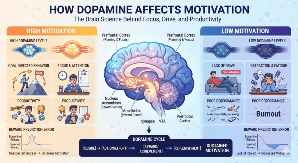 The image shows that how dopamine affects motivation.