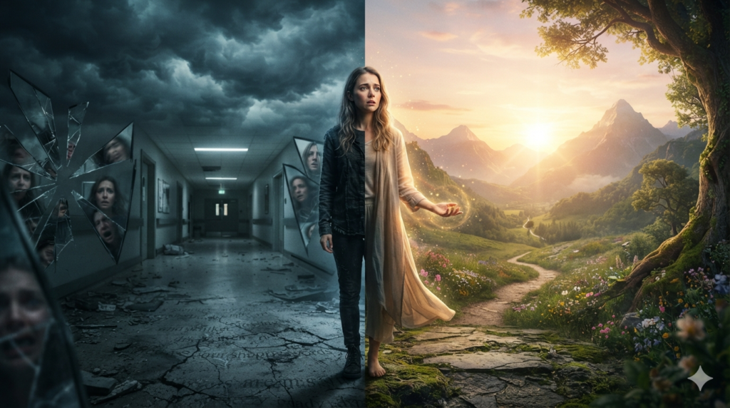 Person standing between spiritual awakening and mental illness symbolizing the difference between inner transformation and psychological crisis.