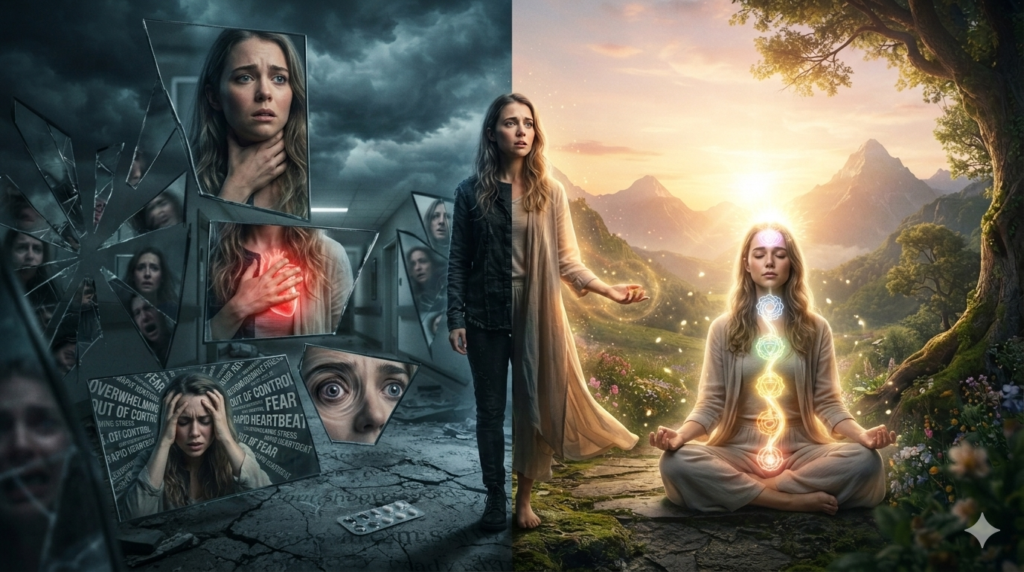 Comparison of Kundalini awakening physical symptoms and anxiety disorder in a realistic split-scene illustration.
