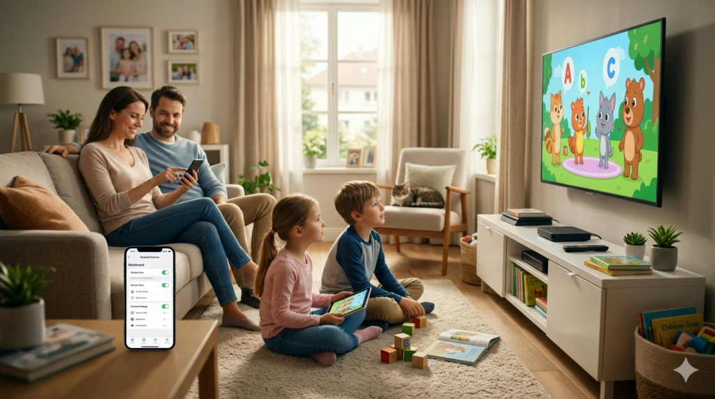 Parents and children safely streaming educational family entertainment using official platforms in 2026.