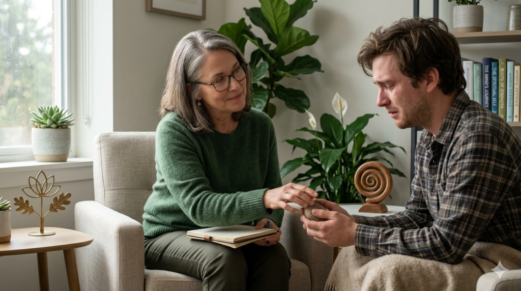 Mental health professional supporting a person through a spiritual awakening using grounding and therapeutic techniques.