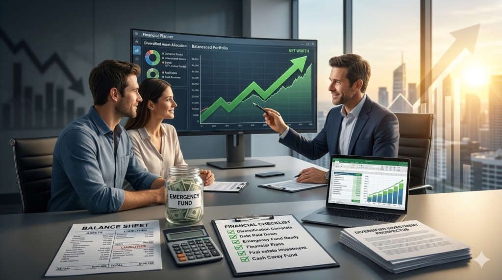 Financial planner reviewing a diversified investment portfolio and asset-to-liability balance sheet to recover from declining net wealth and build long-term financial growth.