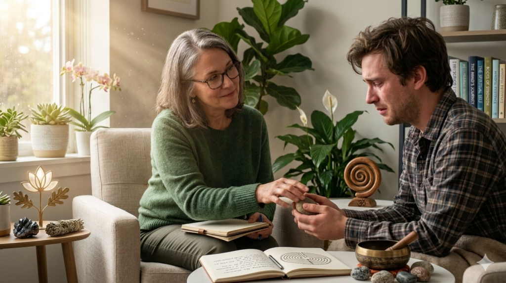 Mental health professional supporting a person through a spiritual awakening using grounding and therapeutic techniques.