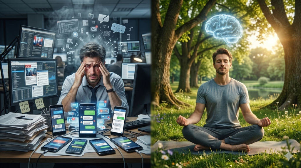 Digital detox comparison showing reduced brain fog and improved mental clarity through mindfulness and nature.