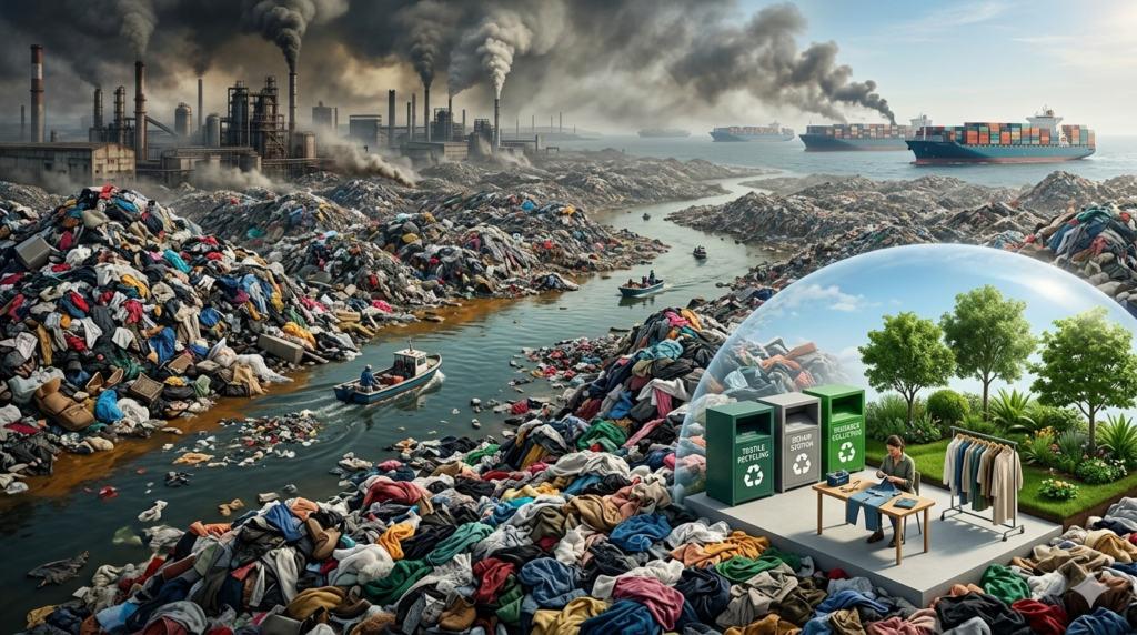 Environmental impact of fast fashion showing textile waste landfill, clothing pollution, carbon emissions, and sustainable fashion recycling.