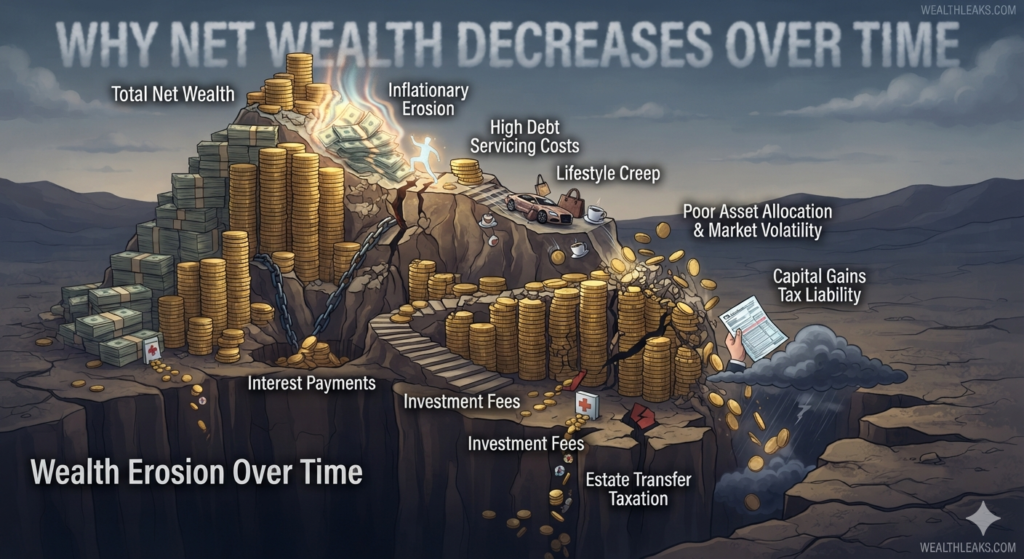 Illustration showing why net wealth decreases over time due to inflation, debt, lifestyle inflation, and market volatility.