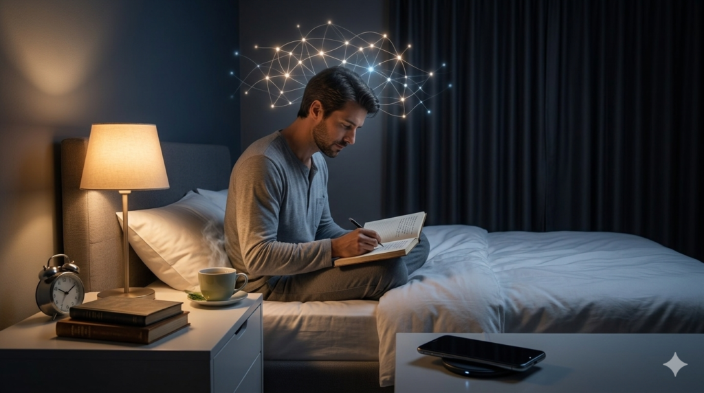 Healthy evening routine with journaling and sleep hygiene practices to improve mental clarity and reduce brain fog.