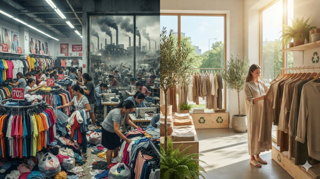 Slow fashion vs fast fashion comparison showing ethical clothing, sustainable wardrobe choices, textile waste, and eco-friendly fashion production.