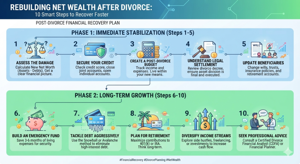 Rebuilding Net Wealth After Divorce to use of 10 Smart Steps to Recover Faster.
