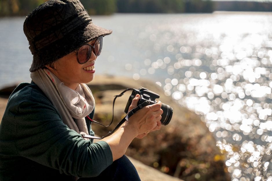 The image symbolizes how nature photography reduces stress and enhances mood.