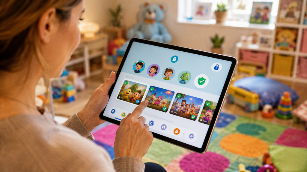 Family enjoying children's educational entertainment together in a cozy living room.