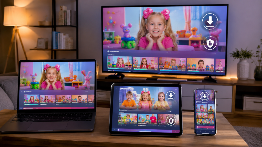 Official streaming devices displaying safe Kids Diana Show content with offline download and parental safety features.