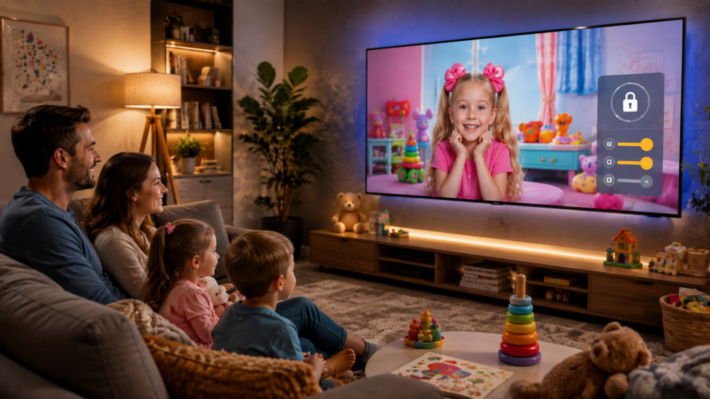 Family safely watching Kids Diana Show on a smart TV with parental controls enabled in a modern living room.