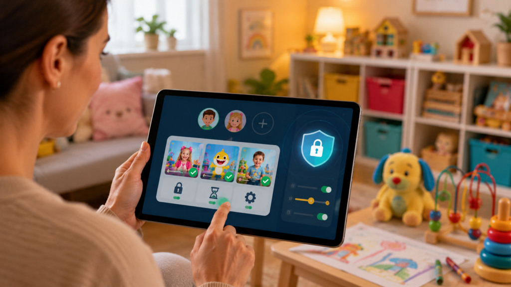 Parent configuring YouTube Kids parental controls for safe Diana Show streaming.