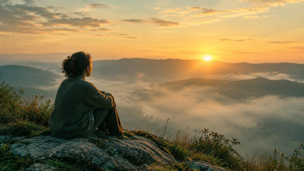 A person meditating quietly on a mountain peak at sunrise reflecting on why do I feel spiritually empty.