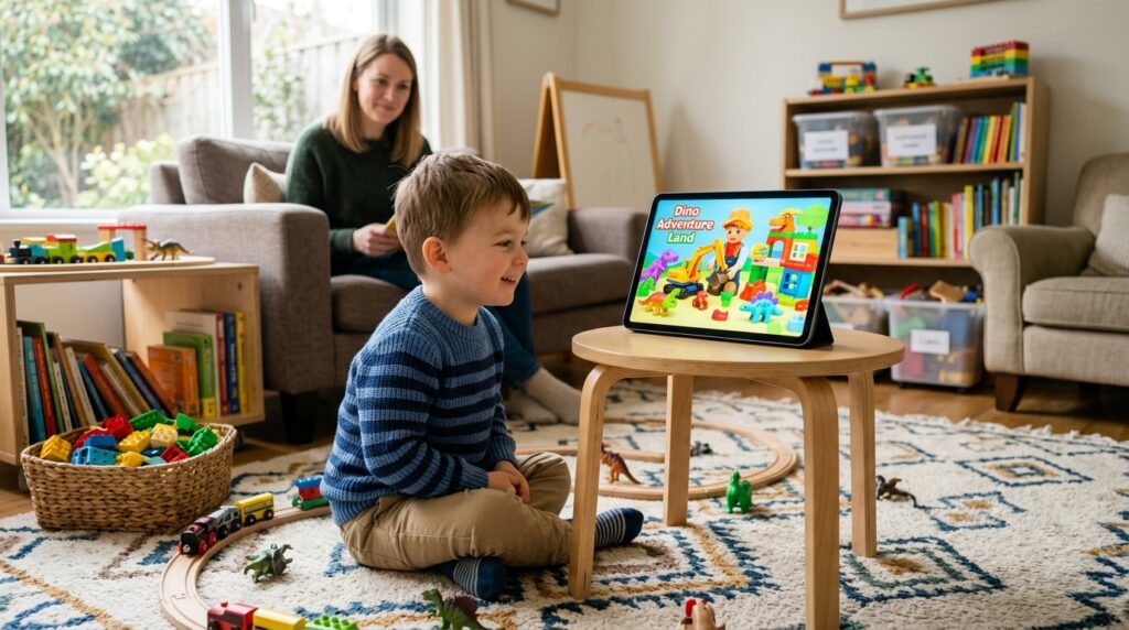 Toddler watching toy-focused entertainment content while parent supervises screen time.